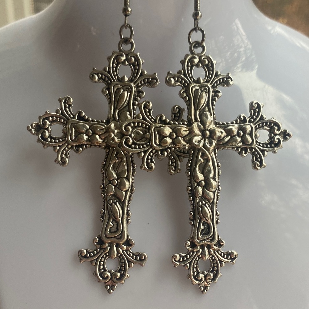 Silver Ornate Cross Drop Earrings - Elegant Women's Jewelry